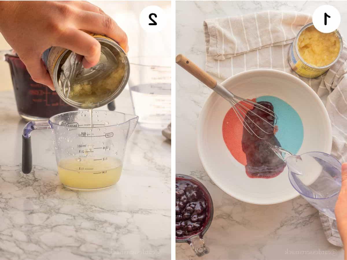 Pouring boiling water into bowl of red and blue jello, and hand pouring pineapple juice into measuring cup.