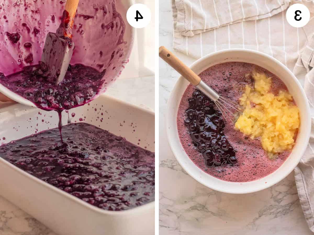 Crushed pineapple and blueberry pie filling in white bowl with whisk, Bowl pouring blueberry jello into white dish.