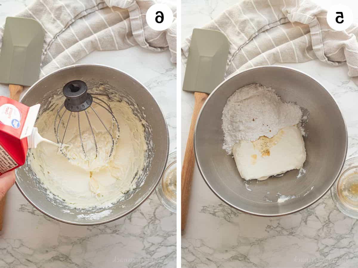 Cream cheese, powdered sugar, vanilla in metal bowl and wire whisk mixing cream into cream cheese.