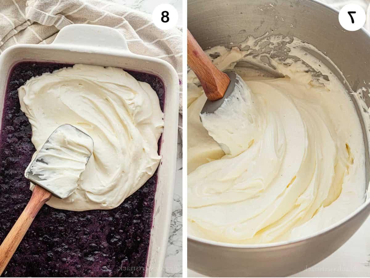 Whipped cream topping in metal mixing bowl and spatula spreading topping onto set blueberry jello.