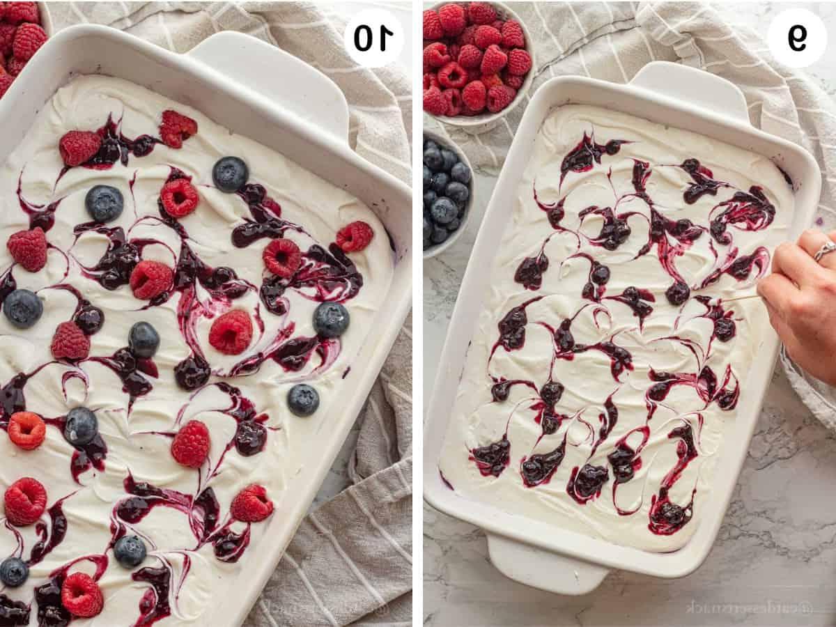 Berries on top of whipped cream topping and hand swirling blueberry pie filling into whipped topping.