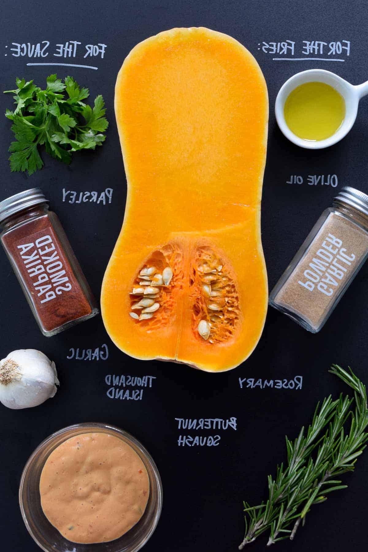 ingredients laid out on black chalkboard with names of each written in chalk