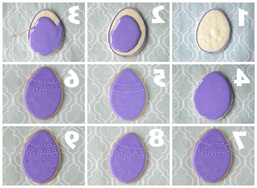 A collage of photos showing the step-by-step process of making Easter egg sugar cookie designs with royal icing.