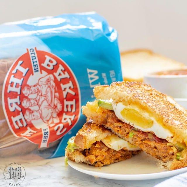 three bakers white bread with gluten free mexican breakfast sandwich on a plate