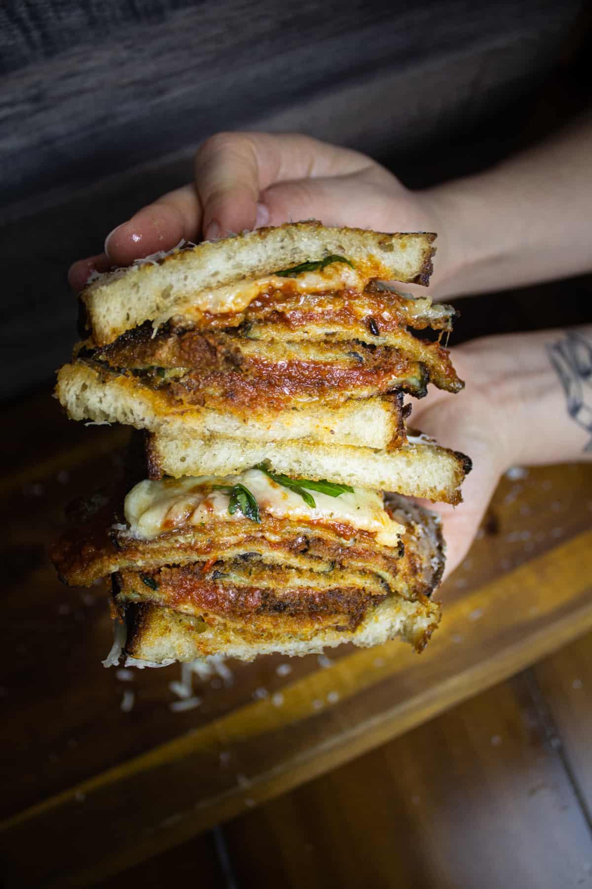 Eggplant parm sandwich on sour dough bread