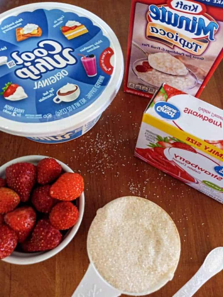 Ingredients: strawberries, minute tapioca, sugar, jello, salt, and Cool Whip.
